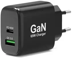 PORT CONNECT GaN įkroviklis USB-C ir USB-A jungtims, 65 W, Juodas
