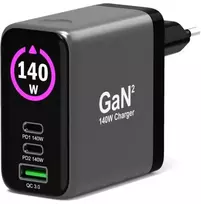 Port Designs PORT CONNECT GaN2 wall charger for 2×USB-C PD 3.1 and USB-A QC 3.0, 140W, OLED display, juodas