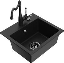 Mexen Milo granitinis kriauklė su 1 kameru ir virtuvės maišytuvu Carla, juodas - 6505-77-670700-70-B, 435x410x171 mm
