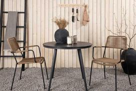 Lauko baldų komplektas Venture Design Valgomojo stalas ir fotelių komplektas 90x90 cm juodas, smėlio spalvos, aliuminis, dirbtinė mediena, virvė