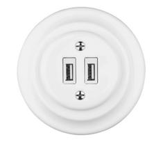 Reblig - Retro porcelianinė USB maitinimo rozetė su rėmeliu, 2x USB-A, balta
