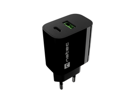 Natec Ribera USB Charger 1X USB-A + 1X USB-C 20W, Black