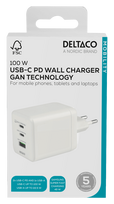 USB GaN sieninis įkroviklis DELTACO, 100 W, 1x USB-A, 2x USB-C, PPS, bendra išvestis 100 W, baltas / USBC-GAN06 / 1903219