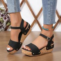 Women's Sandals Platform Wedge Summer Ladies Shoes Buckle Strap Gladiator Heeled Sandal Rivet Footwear 2024 Peep Toe Sandalias 36 juoda