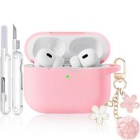 Silicone case for AirPodspro 3, comes with a shiny keychain and cleaning kit rožinė
