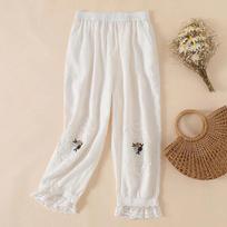 Women's Summer Literary Retro High-waisted Nine-minute Trousers Solid Colour Design Drawstring Trousers 3XL balta
