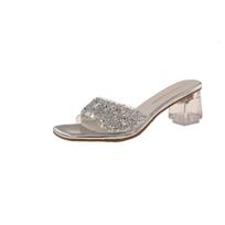 Fashion Block Heel Sequined High-heeled Sandals and Slippers 2025 Crystal Summer New Women's One-word Fashion Temperament Sandals 35 sidabras