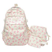 Three-piece Backpack Set Women's School Bag Bow Backpack Large Capacity Lightweight Backpack rožinė/balta