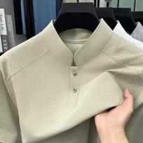 Men's Solid Color Stand Collar Perforated Shoulder Short Sleeve T Shirt For Summer M kupranugaris/smėlis