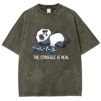 Retro Panda Pattern Letter Print Short Sleeve T-Shirt Loose S pilka spalva