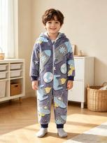Boys Space Rocket Fleece Onesie, Hooded Zip-Up Winter Romper, Cozy Warm Sleepwear for Kids 4-7Y 4Y įvairiaspalvis