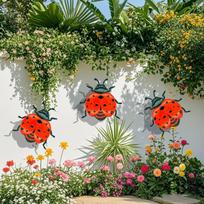 Set of 3 Metal Ladybug Wall Decor Outdoor Garden Iron Art Sculptures for Patio Fence Yard Decoration one size raudona