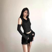 Factory Spot Wasteland Wind YK Sexy Spice Girl Hooded Summer Women Shoulder Skinny Design Short T-Shirt Top S pilka spalva