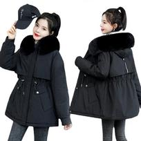 Moteriškas šiltas ilgas paltas kailinė striukė su gobtuvu Slim Winter Parka Outwear M juoda