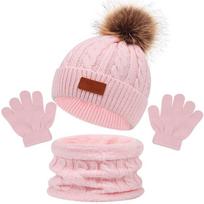 3Pcs Pompom Baby Hat Scarf Gloves Set Solid Color Bonnet Gloves Kits Portable Knitted Hats Scarfs šviesiai rausvos spalvos