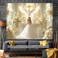 2D Communion Photo Booth Backdrop Girl in White Dress with Golden Cross and Dove 47.2x31.5inch/120*80cm