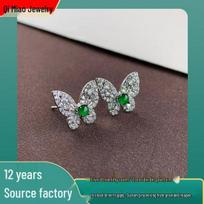 A-Grade Natural Jade Ice-Type Bright Green Egg-Shaped Butterfly Earrings with Gold-Plated Rhinestones - Elegant and Chic