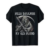 Men'S Grim Reaper T-Shirt - Gothic Death Design with Scythe & Reaper Print,  Hello Darkness My Old Friend  Slogan - Casual Short Sleeve Round Neck S juoda
