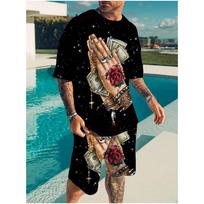 Personalized Prayer Hands and Dollar Print T-Shirt and Shorts Set Summer Men's Fashion Personalized Short Sleeves and Shorts Set XL