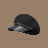 Korean Style Pu Leather Beret Retro Painter Hat Fashion Wool Octagonal Hat  Autumn juoda