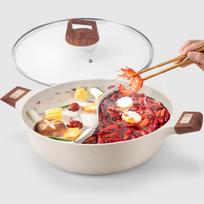 Shabu Shabu Hot Pot with Divider Double Flavor Divided Stockpot with Glass Lid Dual Sided Soup Cookware for Induction Cooktop Gas Stove Hot Burner diameter 32cm beige