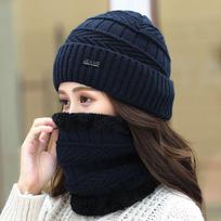 Bib Wool Hats Ear Protective Neck Warm Solid Color Knitted Hat Women Hat Hats Scarf Sets Beanie Cap tamsiai mėlyna spalva