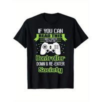 Men's Funny Gaming Graphic T-Shirt - Put Controller & Re-Enter Society Design, Comfortable Cotton Short Sleeve, Black with Green Lettering, S-XXXL, S juoda
