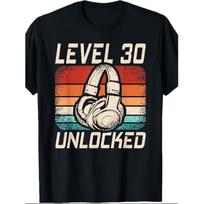 Men'S Retro Gaming T-Shirt | Level 30 Unlock Birthday Gift, 220g Heavyweight with Retro Headphone Design, Black, Casual Wear, Distressed Font, S juoda
