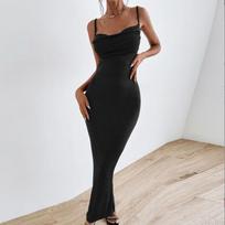 2024 m. vasaros suknelės moterims Seksuali spagečių juostelė juoda ilga suknelė Y2k be rankovių, vientisas, liesas Bodycon trimitas Maxi Vestidos L juoda