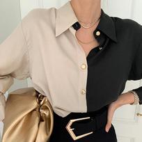 Vintage Patchwork Shirt for Women Loose Long-sleeved Shirt Casual Tops Korean Style Clothing Office Lady S