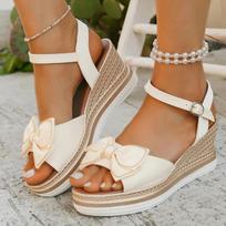 Lovely Girls Beige Bowtie Sandals Comfortable Platform Wedge Heels Shoes Woman Open Toe Ankle Strap Plus Size Sandalias Mujer 35 smėlis