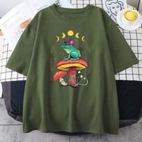 Cottagecore Aesthetic Goblincore Frog Wizard On Mushroom Unisexs Short Sleeve Allmath Vintage Tops Personality Male Cotton TShirt S