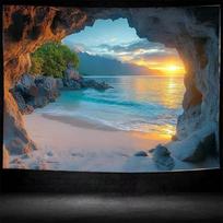 2D Ocean View Cave Banner, Seaside Sunset Backdrop for Party & Wall Decor 47.2x31.5inch/120*80cm