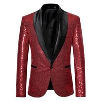 Men Nightclub Prom Suit Coats Mens Costume Stage Clothes Shiny Gold Sequin Glitter Embellished Blazer Jacket M raudona