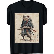 Men'S Vintage Samurai Frog Warrior T-Shirt - Japanese Ukiyo-e Art Black & Red Katana Print, Crew Neck Short Sleeve Casual Tee, Machine Washable S juoda