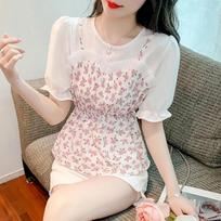 Temperament Floral Splicing Fake Two-piece Shirt for Women's Summer New Small Shirt Design Niche Short-sleeved Top S rožinė