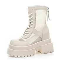 Madingos Aukštos Kokybės 10CM Natūralios Odos Tuščiavidurės Mary Jane Moteriškos Šlepetės Ankle Booties Batai Basutės Plokščiapadės Vasaros Platformos Pleištas 34 smėlis