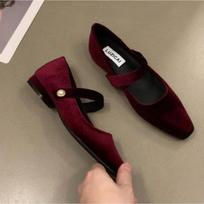 Elegantiški veliūriniai Mary Jane bateliai su perlo sagtimi Moteriški minimalistiniai aksominiai balerinos bateliai Moteriški vakariniai žemakulniai bateliai vyno raudonumo spalvos 35 raudona