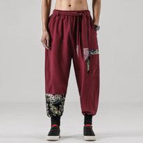 Japanese Kimo Men Cott Linen Samurai Costume Ukiyo-e Print Belt Retro Harem Pants Haori Baggy Trousers Harajuku Hip Hop M raudona