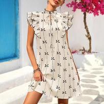 European and American summer new shirt horn sleeve ruffle edge bow French romantic print A pendulum dress S