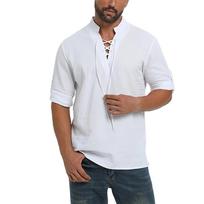 Spring Autumn Men's Pirate Shirt Vintage Medieval Viking Lace Up Henley Neck Cosplay Long Sleeve Tops Cotton Linen Gothic Shirts S balta
