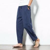 Cotton Linen Pants Men Baggy Casual Trousers Male Walking Wide Leg Loose Sweatpants Chinese Summer Jogger Pants M tamsiai mėlyna spalva
