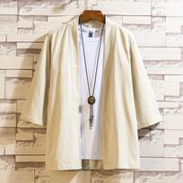 Summer Men's Lightweight Kimono Shirt  Cotton and Linen Seven Sleeve Open Front Cardigan L smėlis