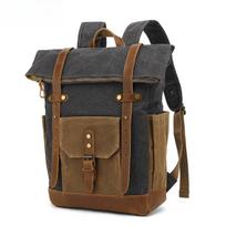 Backpack with Crazy Horse Leather Solid Color Backpack Men's Oil Waxed Canvas Computer Travel Bag juoda