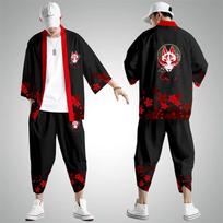 Lapės spaudinio japoniško stiliaus madingas kimono ir kelnių komplektas vyrams Kardiganas Bluzė Haori Obi Azijietiški drabužiai M