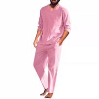 Įprasti medvilniniai lininiai dviejų dalių vyriški rinkiniai Madingi laisvi V kaklo viršutiniai drabužiai ilgomis rankovėmis ir kelnių kostiumai Vyriški paplūdimio stiliaus drabužiai vasarą M rožinė