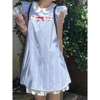 The college style is small, fresh, unique and beautiful in summer, and the temperament is beautiful. Princess short skirt, doll collar plaid dress. S- (can be worn within 45kg)