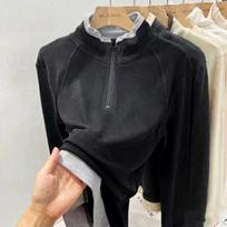 Women's 220g German Fleece Color Block Half-Zip Long Sleeve T-Shirt with Patchwork, Half-High Stand-Up Collar - Autumn/Winter Warm Base Layer 2XL juoda