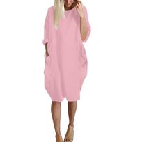 Womens Pocket Loose Dress Ladies Casual Long Sleeves Dress Plus Size XXL rožinė