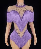 Pink Rhinestone Tassel Bodysuit for Latin Dance Stage Performance - Hot Selling Outfit for Female Music Groups One Size šviesiai violetinė spalva